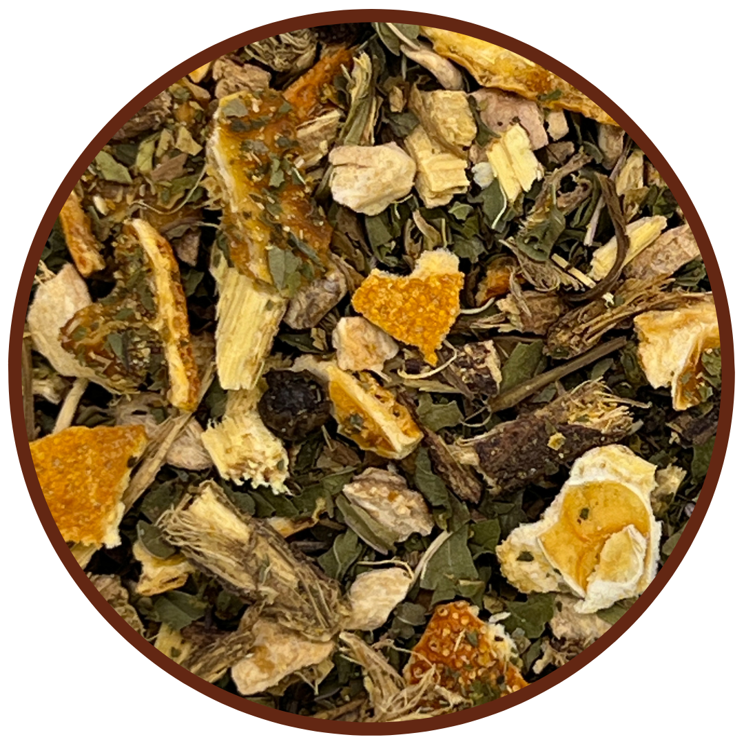 Loose leaf with mint, ginger, licorice root, clementine and pepper