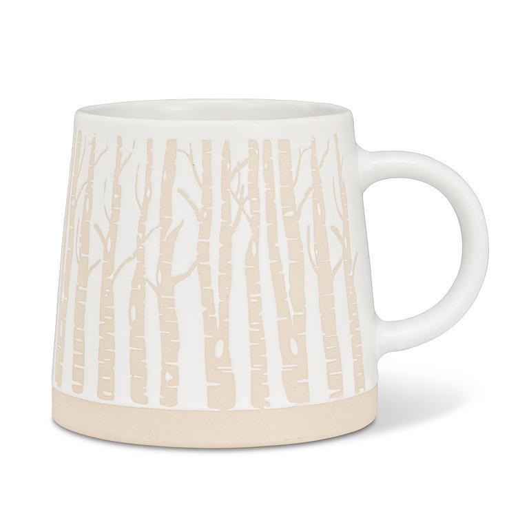 White mug with beige tree pattern on a white background