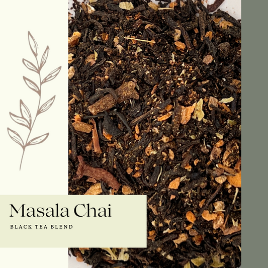 close up of black tea with cinnamon, ginger, cardamom and cloves on a white background with text reading Masala Chai black tea blend