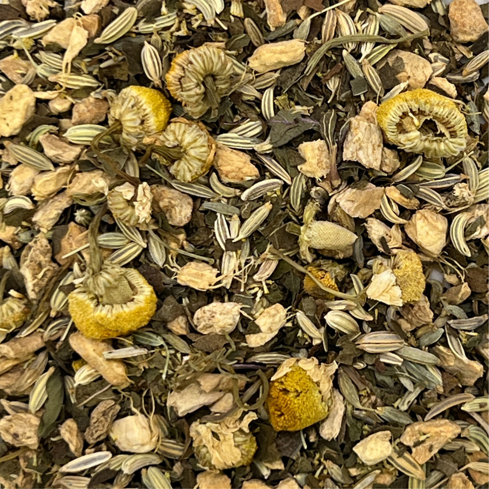 Loose leaf herbal tea blend with fennel, ginger, chamomile and mint