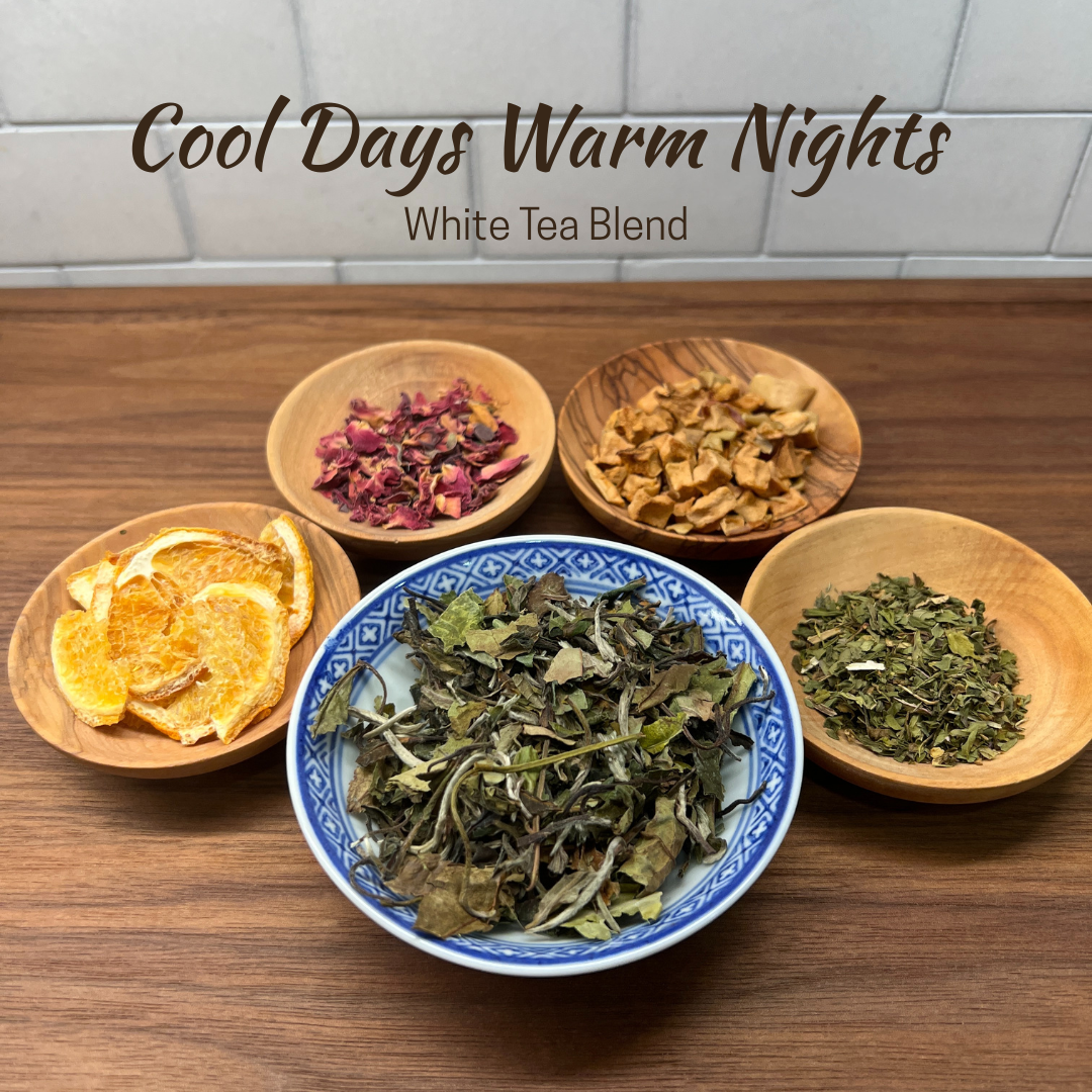 White tea blend ingredients - white tea, peppermint, apple, rose, orange