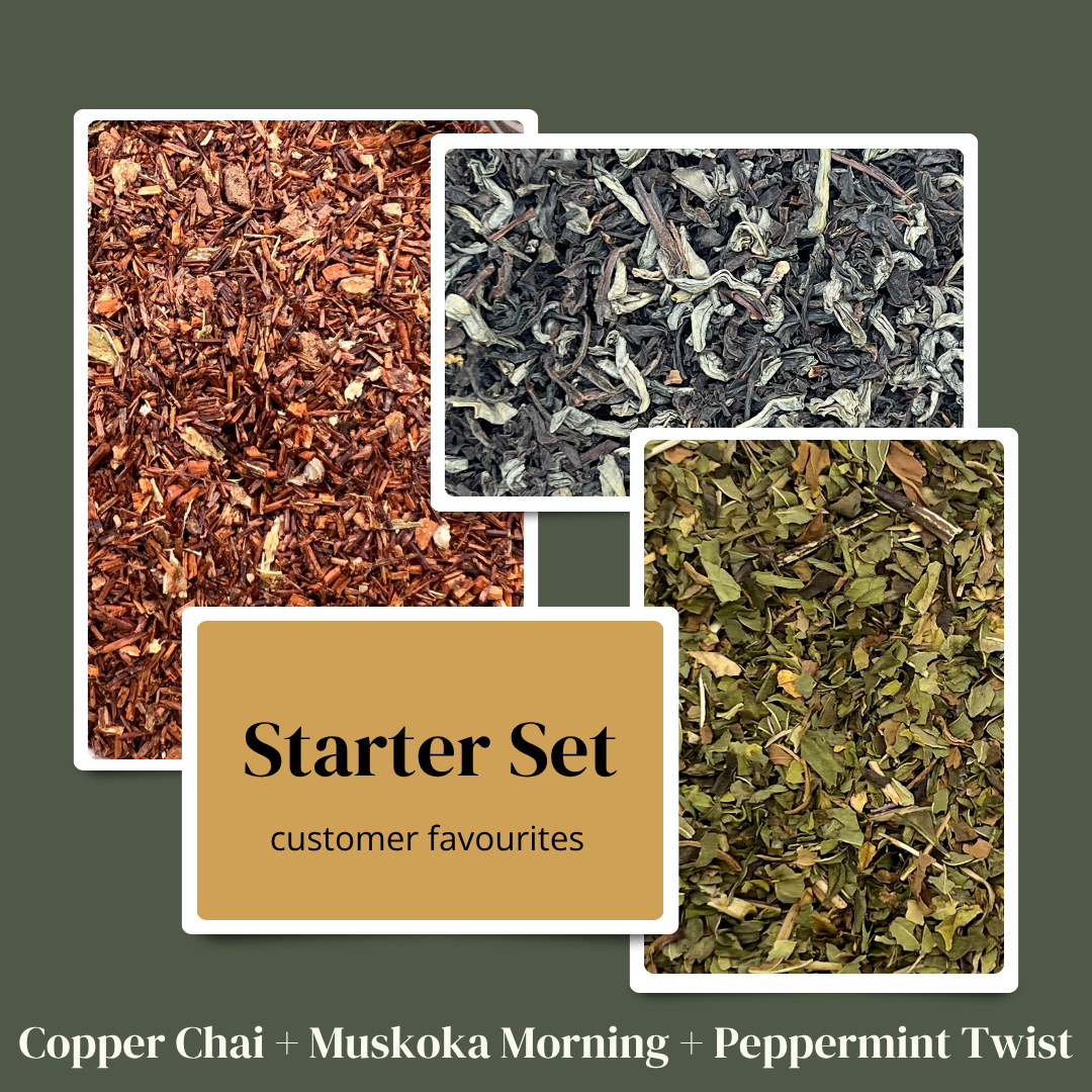 Tea starter set with three types of tea leaves on a green background