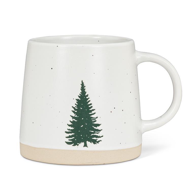 White mug with a green tree design on a white background