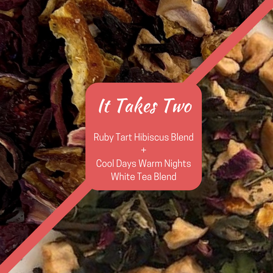 Photo of hibiscus tea  blend called Ruby Tart and white tea blend called Cool Days Warm Nights