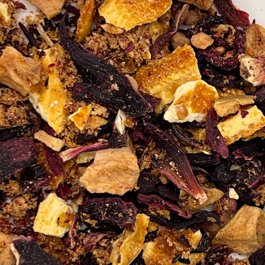 Ruby Tart loose herbal tea with hibiscus flowers, dried cranberries, diced apple and oranges