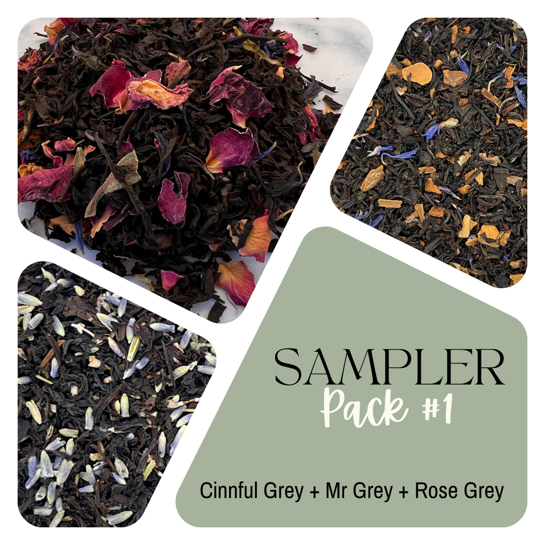 Photo of three earl grey tea blends - one with rose, one with lavender and one with cinnamon.