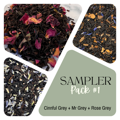 Photo of three earl grey tea blends - one with rose, one with lavender and one with cinnamon.
