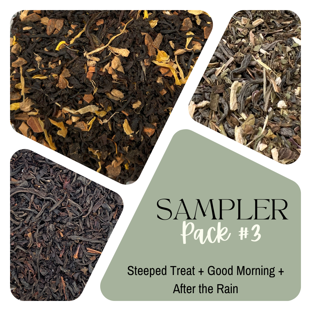 Photo of three teas - a green tea blend, spiced black tea and English Breakfast