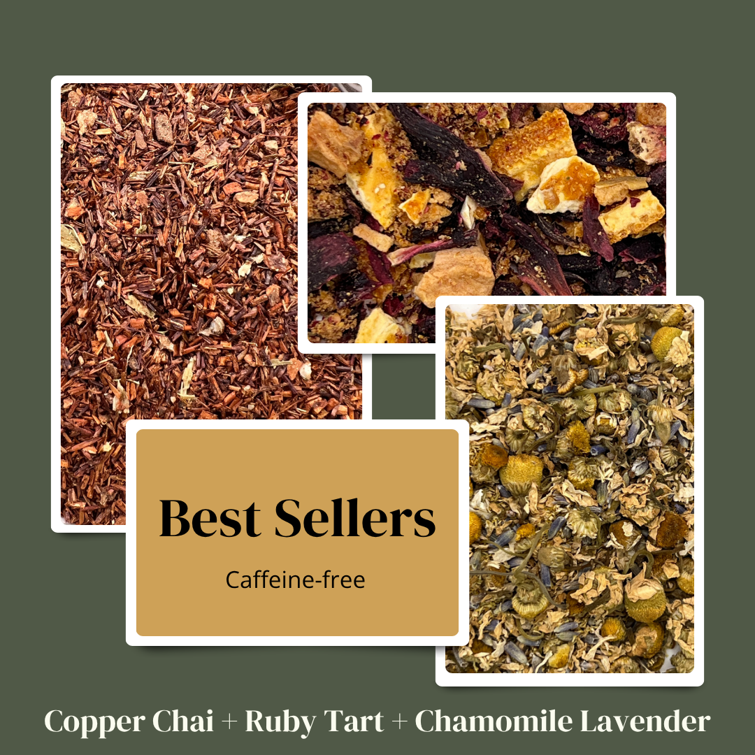Three types of tea leaves with a 'Best Sellers' label on a green background