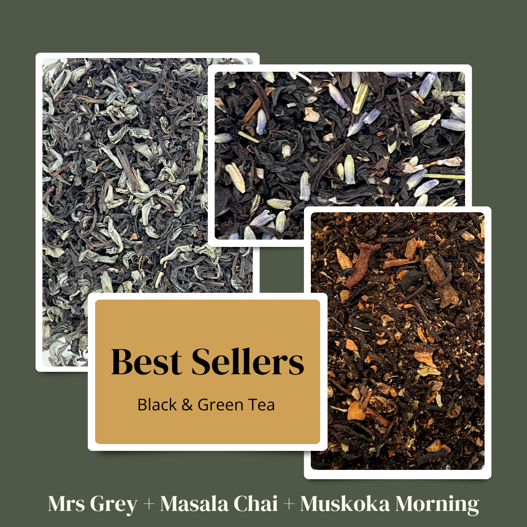 Collage of black and green tea leaves with 'Best Sellers' label on a green background
