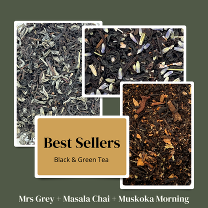 Collage of black and green tea leaves with 'Best Sellers' label on a green background