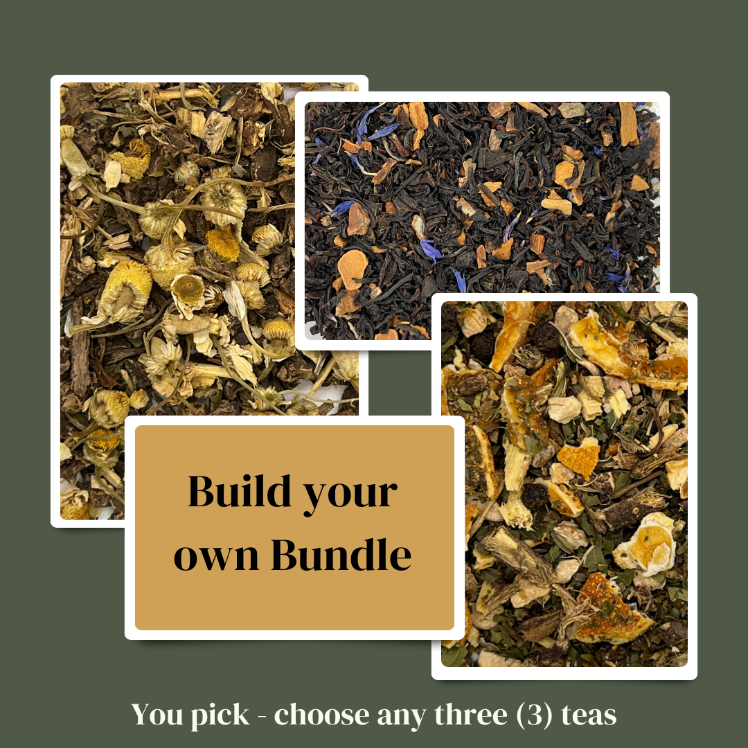 Tea leaves with text 'Build your own Bundle' on a green background