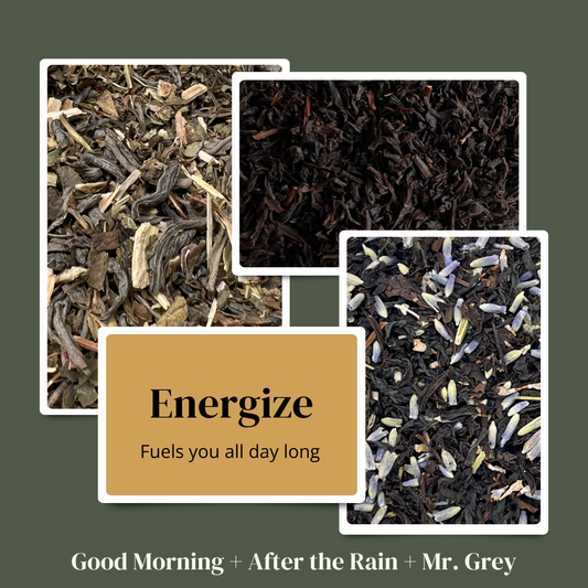 Tea leaves with 'Energize' label on a green background