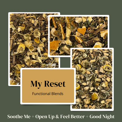 Tea blends with 'My Reset' label on a green background