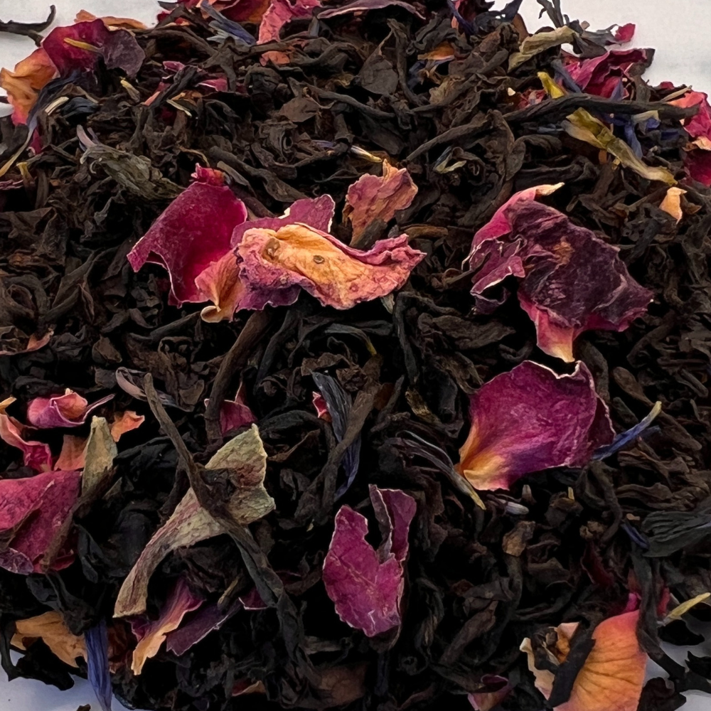 Loose leaf tea blend with earl grey tea and rose petals