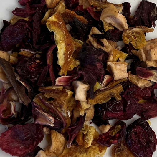 Ruby Tart loose herbal tea with hibiscus flowers, dried cranberries, diced apple and oranges