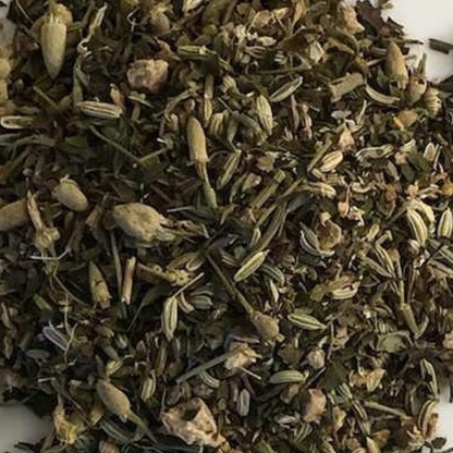 Loose leaf herbal tea blend with fennel, ginger, chamomile and mint