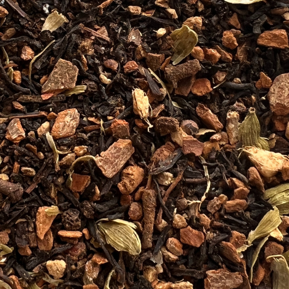 Loose leaf Masala Chai tea blend including black tea, cinnamon, cardamom, cloves, ginger and black pepper